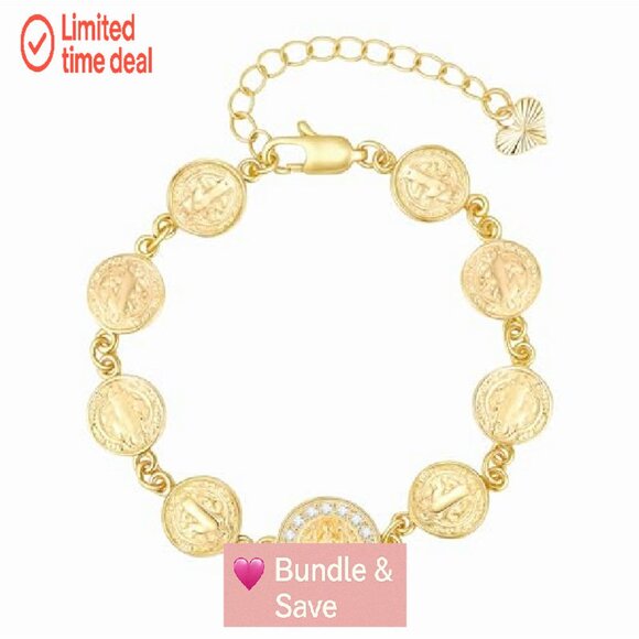 14K Gold Plated Virgin Mary Bracelet, Adjustable Catholic Jewelry Gift - Picture 2 of 8